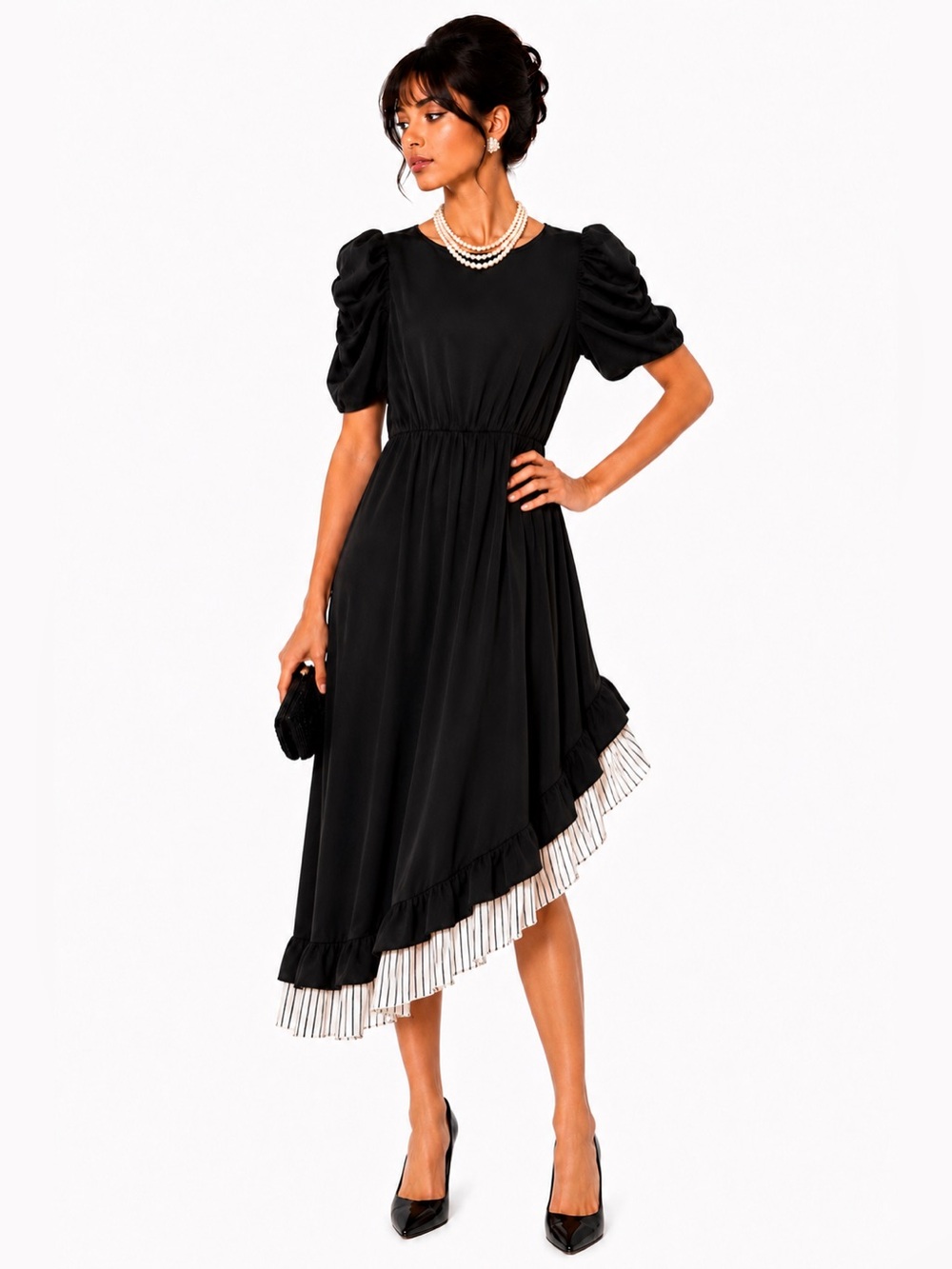 VTG 80s / 90s Black Asymmetrical Ruffle Hem Puff Sleeve Midi Dress Size S / M